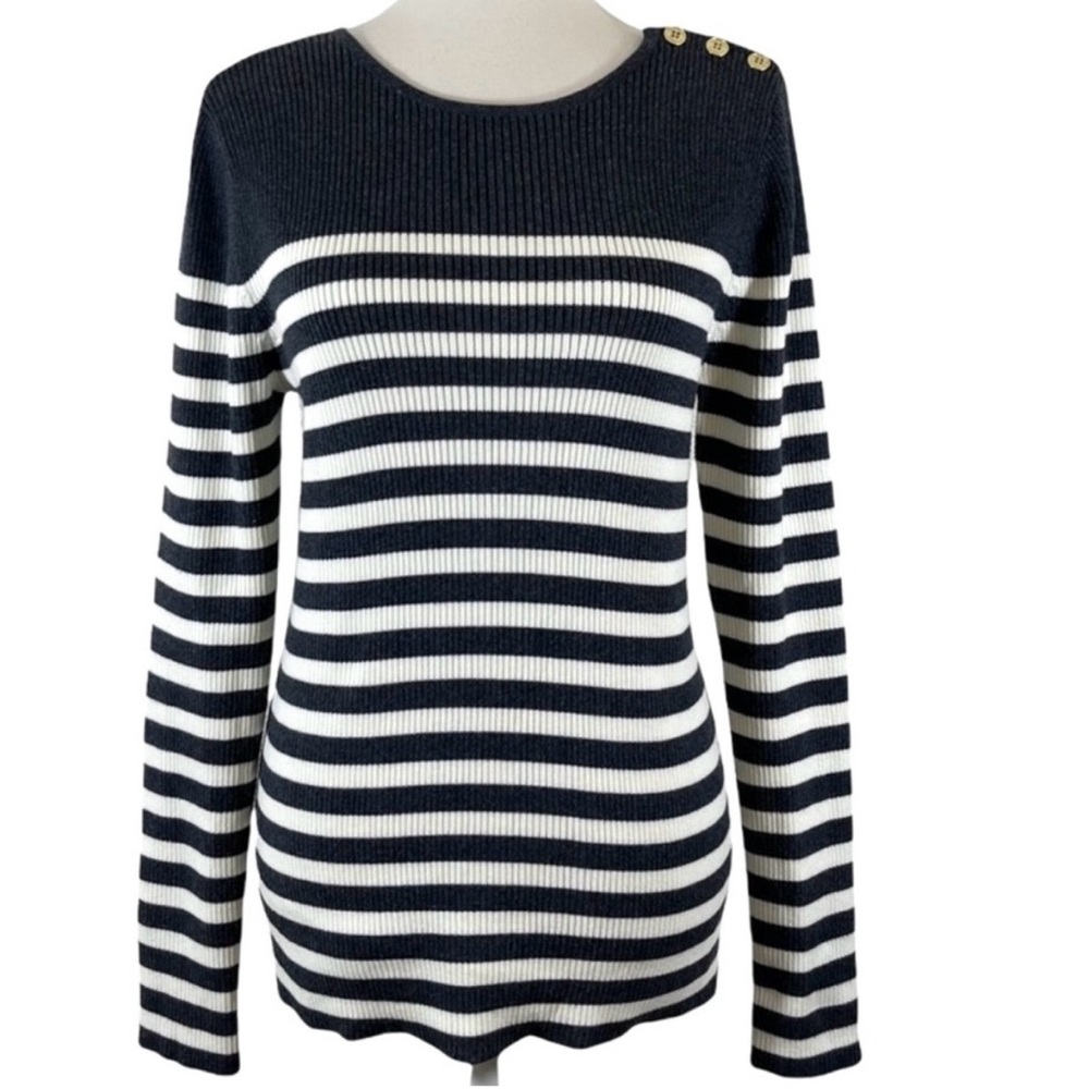 Ralph Lauren Gray Cream Stripe Ribbed Nautical Sweater Gold Button Size Medium